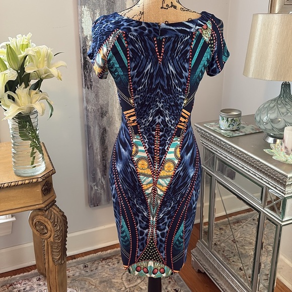 CACHE Designer sexy blue yellow green gold scarf animal print dress cruise XS 0 - Picture 5 of 9